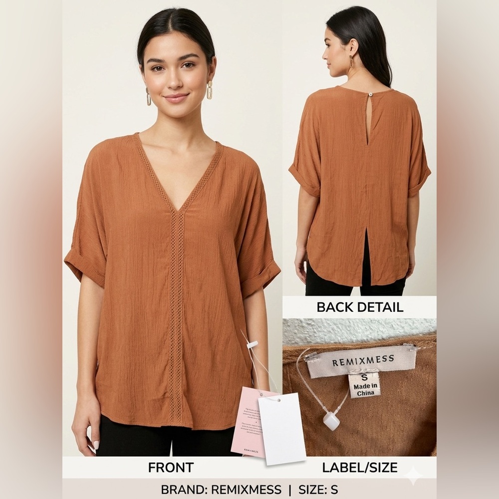 Women's Brown V-Neck Top brand REMIXMESS new with tags size small